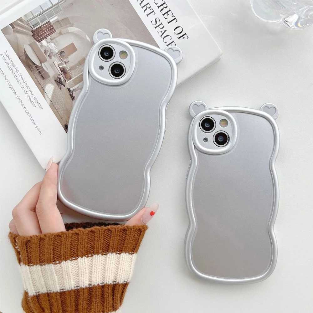 

Аксессуары для Apple Iphone 14 Pro 13 12 11 Plus Max X Xr Xs, серебристые чехлы с медведем, силиконовый бампер, Роскошный чехол