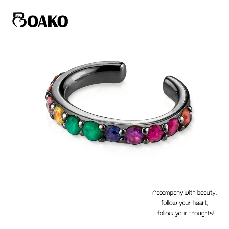

BOAKO 1pcs 925 Silver Single Row Black Stone Punk Hipster Stacking Ear Cuff For Women Men's Ear Clip Fine Jewelry Brincos Aretes