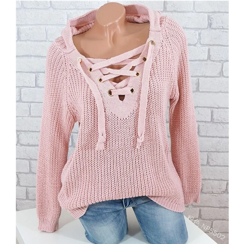 

Mandylandy Women Autumn Winter Knitted Bandage Hooded Sweater Fashion Casual Long Sleeve V Neck Loose Knitwear