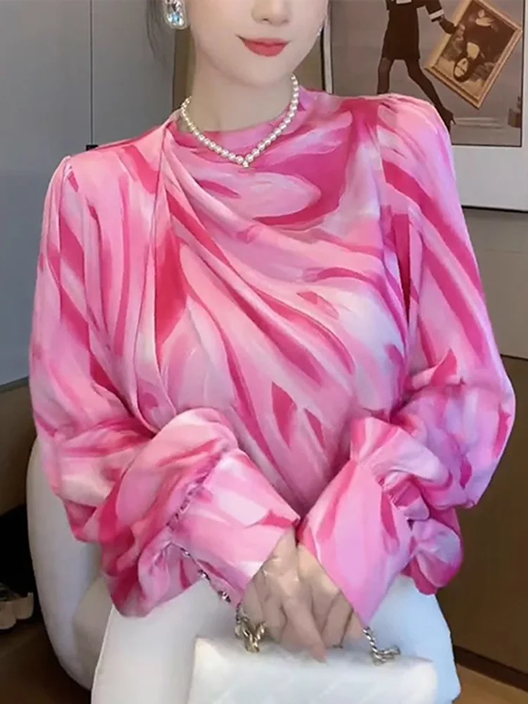 

Rose Red Print Contrast Shirt For Women Fashion O-neck Pleated Loose Long Sleeve Blouses Female 2023 Autumn New Trend Top Y744