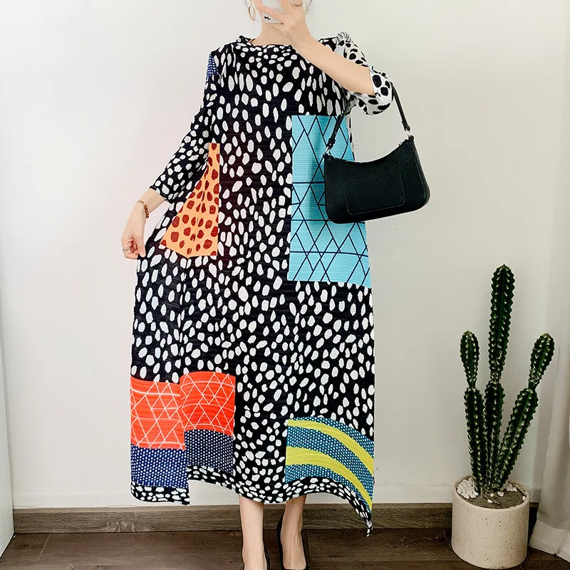 

Miyake Style Organ Pleated Dress Women 2023 Summer Fashion Contrast Color Leopard Print Loose Plus Size Luxury Evening Dresses