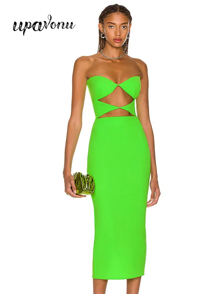 

Women's Bandage Dresses 2022 Summer Sexy Wrap Bust Sleeveless Bodycon Cutout Design Midi Dress Celebrity Evening Party Vestidos