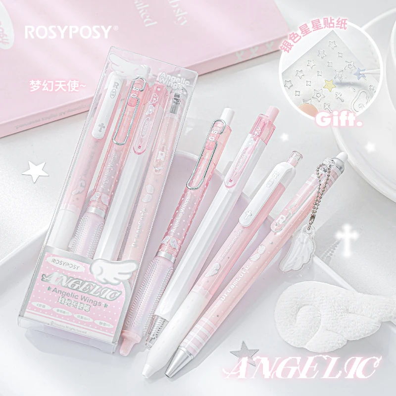 Фото Очаровательные ручки RosyPosy Angelic Series с перламутровым эффектом, милые ангелочки, набор из 4 штук, ручка-кисть, унисекс, канцелярские принадлежности Kawai, подарок для студентов. №5