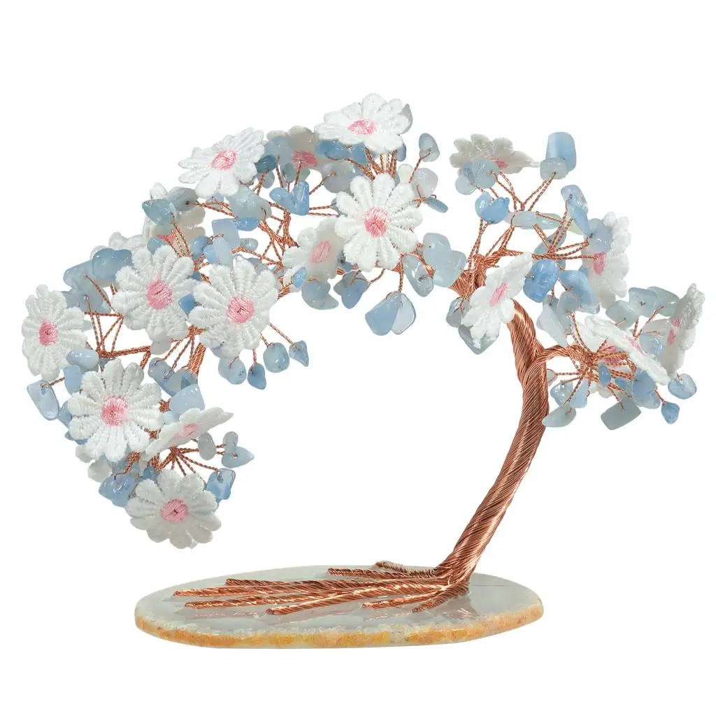 Natural Amethyst Crystal Stone Tree Embroidered Lace Flower Luck Money Tree With Agate Slice Base Desktop Decor Home Ornaments