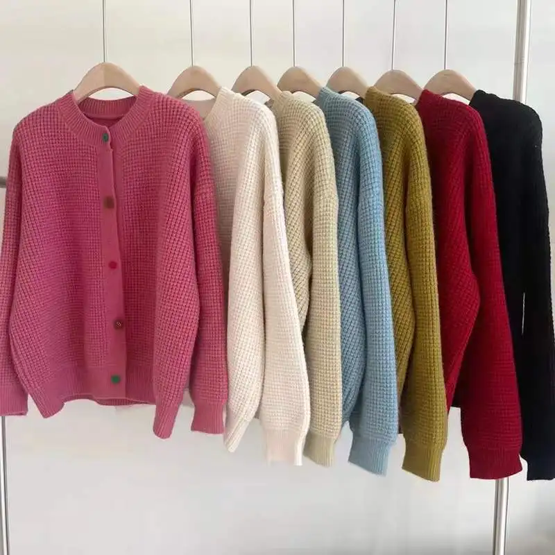 

Spring O-Neck Sweater Cardigan Women Colorful Single-Breasted Long Sleeve Knitwear Korean Fashion Casual Loose Short Coat