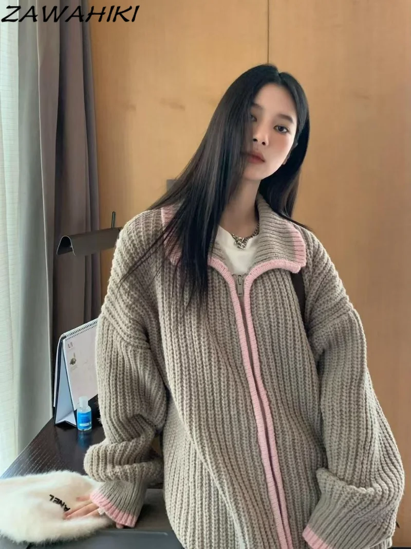

Autumn Winter Streetwear Women Fashion Harajuku Zipper Cardigan Sweater Vintage Loose Contrast Color Y2k Top Casual Clothes