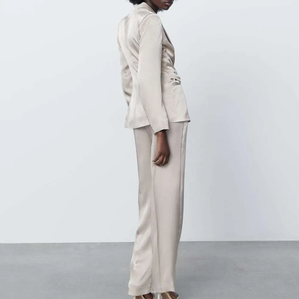 2022 Women Long Sleeve Bow Lacing Silk Satin Texture Solid Blazer High Waist Elastic Waist Straight Pants Two Piece Suit