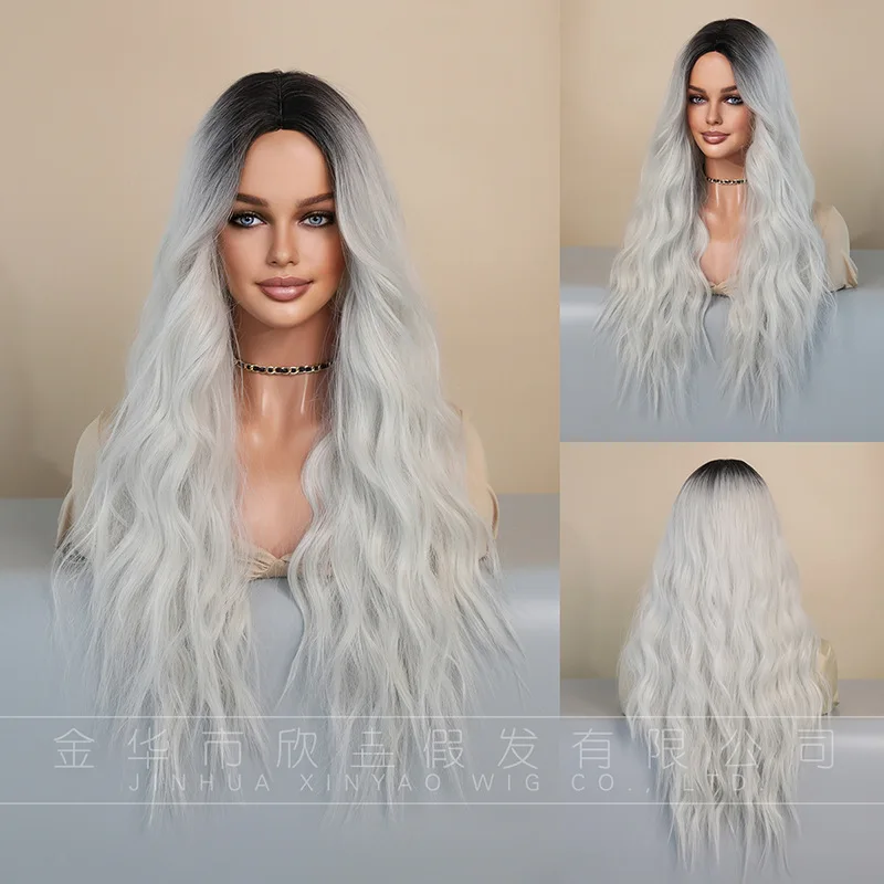 Полный набор париков средней длины с крупными волнами и серебристо-белым Топ