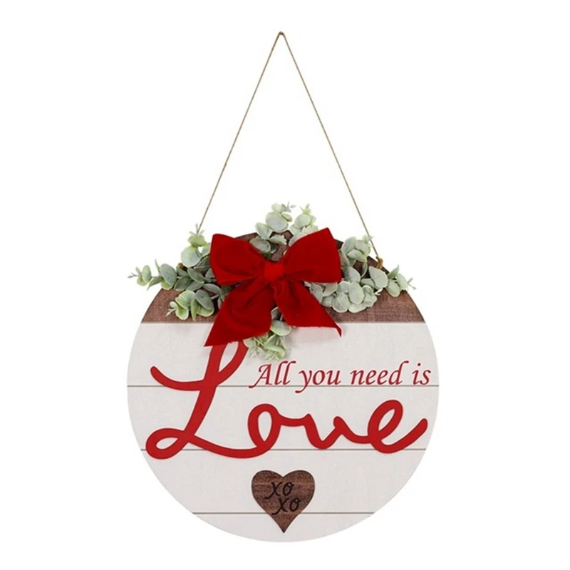 

Valentine Day Wooden Hanging Plate With Bow Love Heart Round Plaque Front Door Hanger Decorative Board