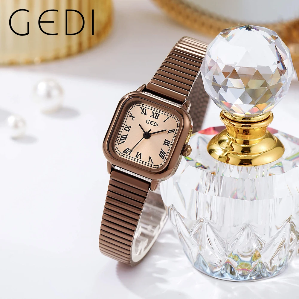 GEDI Coffee Gold Stainless Steel Women Watches Luxury Bamboo Joint Strap Waterproof Ultra-thin Ladies Watch Fashion Quartz Clock