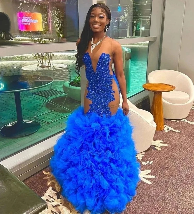 

Aso Ebi Prom Dress vestido de festa Royal Blue Beaded Appliques Lush Ruffles Beaded Sheer Neckline Tulle Formal Prom Gowns Long