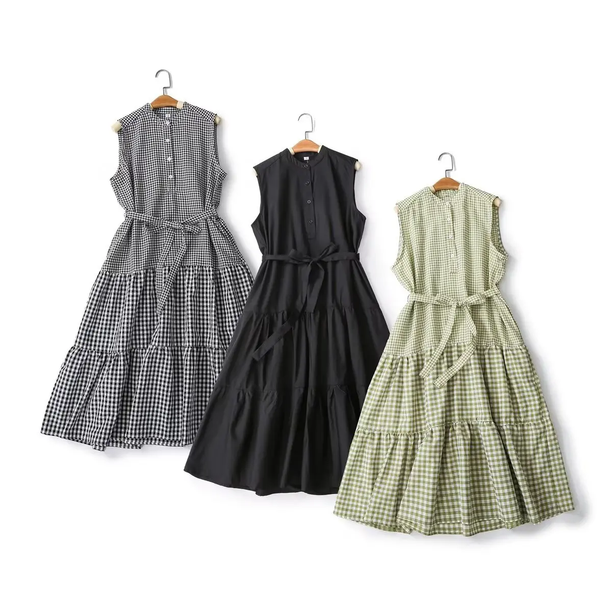 

2023 Spring Bamboo Festival Yarn Plaid Sleeveless Dress with Pockets