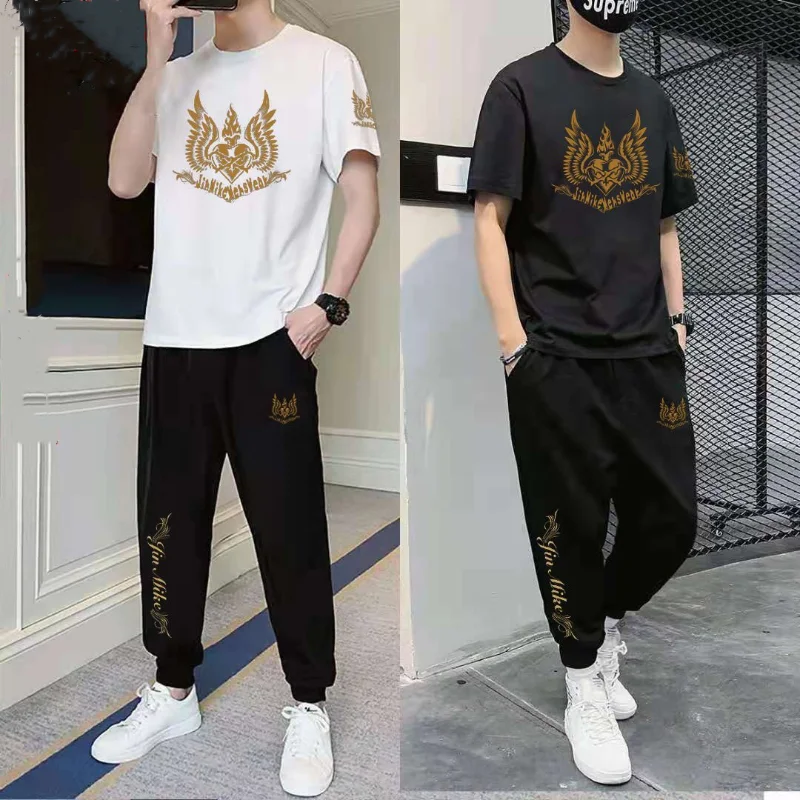 Summer Men's Suit Casual Cotton Short-Sleeved Trousers Two-Piece Youth Fashion Printed Sportswear Men's Trend