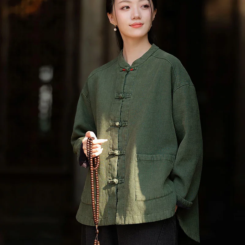 Оригинальное свободное короткое пальто Ramie Sand Fried Color Velvet Inside женское однобортное