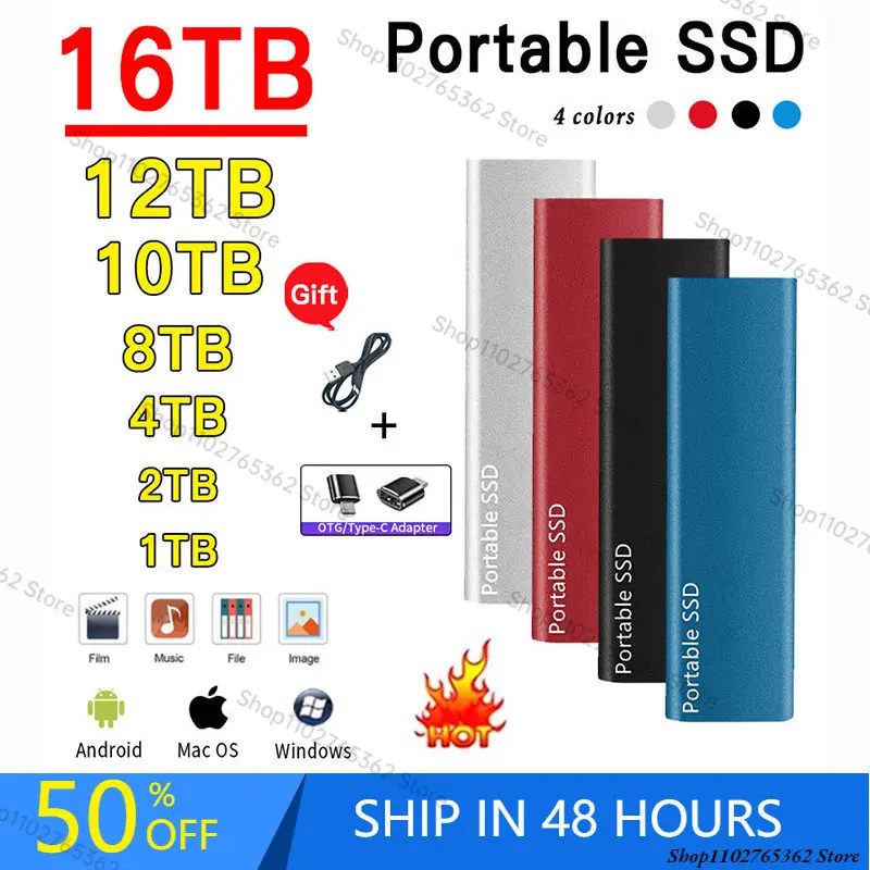 Mini Portable SSD 128TB External Hard Drive USB 3.1/Type-C Interface 16TB 8TB 4TB Solid State Hard Disks for Notebook Laptop/mac