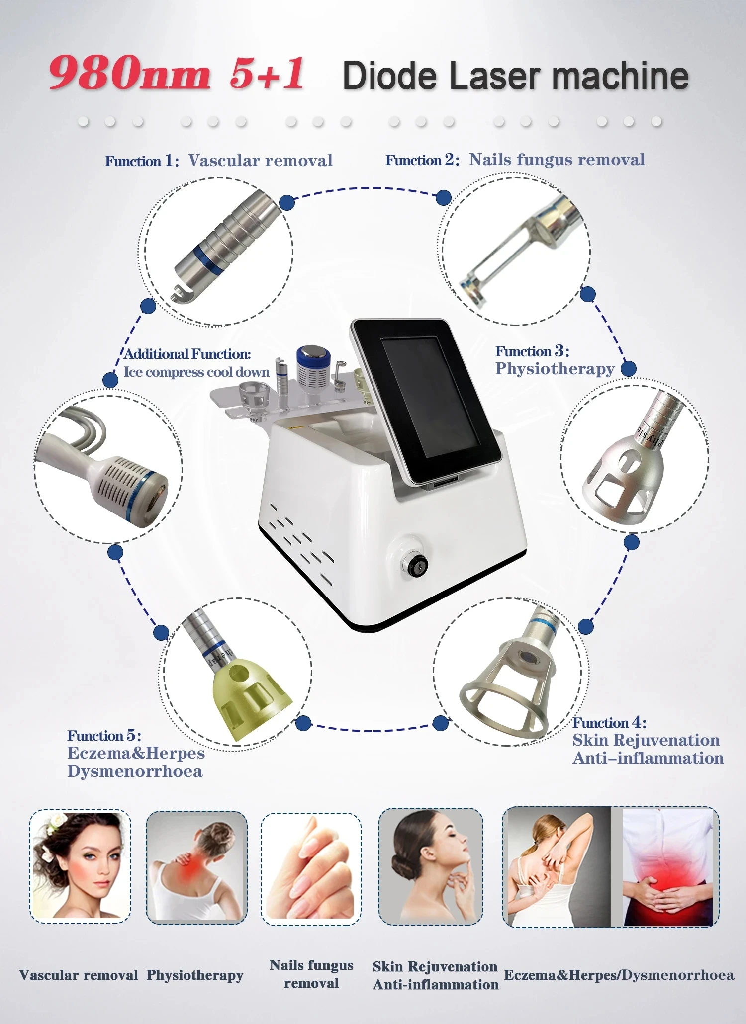

5 in 1 Multifunction 980nm Diode Laser Machine Spider Vein Therapy Blood Vessels Removal Nails Fungus Treament Beauty Machine
