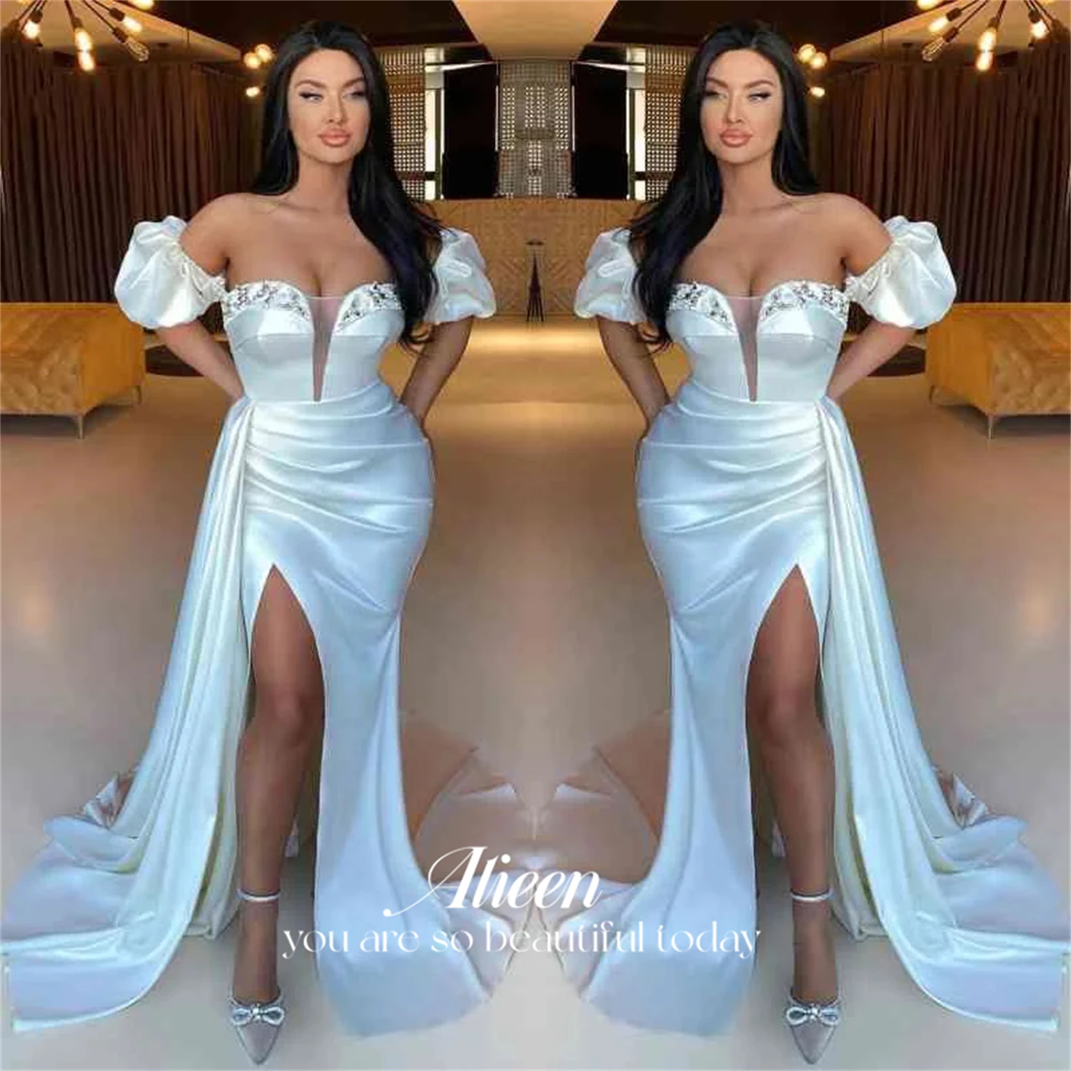 

Aileen Mermaid Gala Dresses Woman 2024 for Party Dresses Woman Evening Dress Off the Shoulders Shiny Decoration Satin White Prom