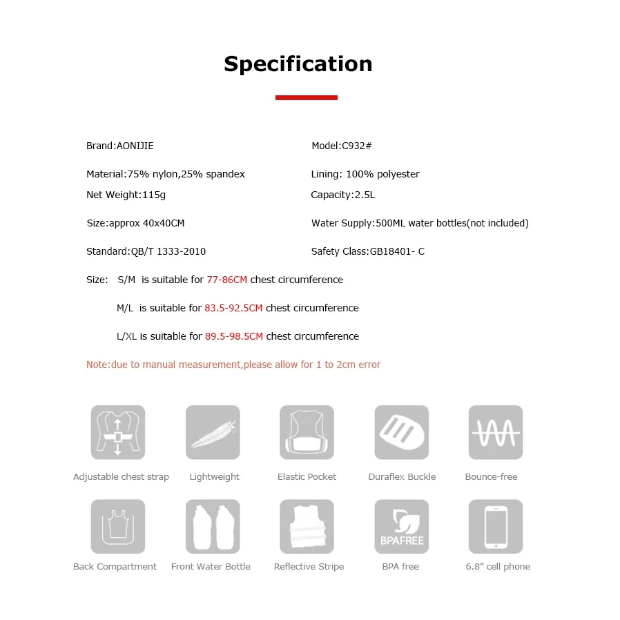 AONIJIE C932 New 500ml Bule Water Bottle 2.5L Hydration Running Vest Lightweight Trail Run Backpack for Outdoor Sports Cycling