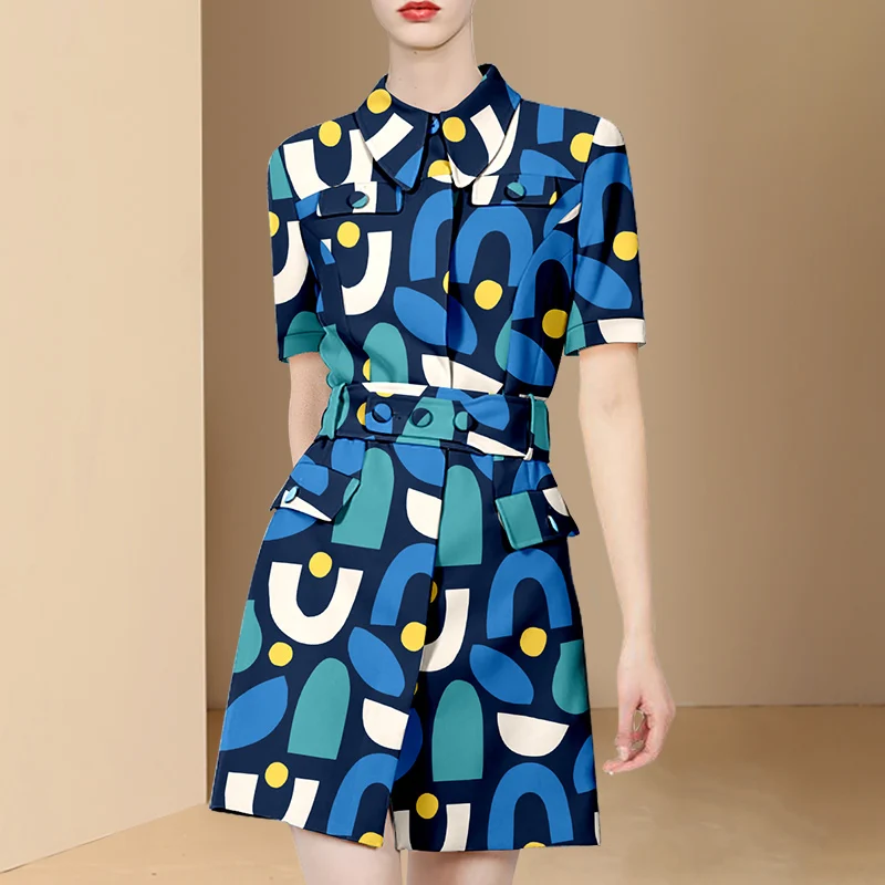 

A GIRLS Summer New Print Fashion Mini Dress Women Short Sleeve Turndown Collar Slim High Waist Button Belt Shirt Dress