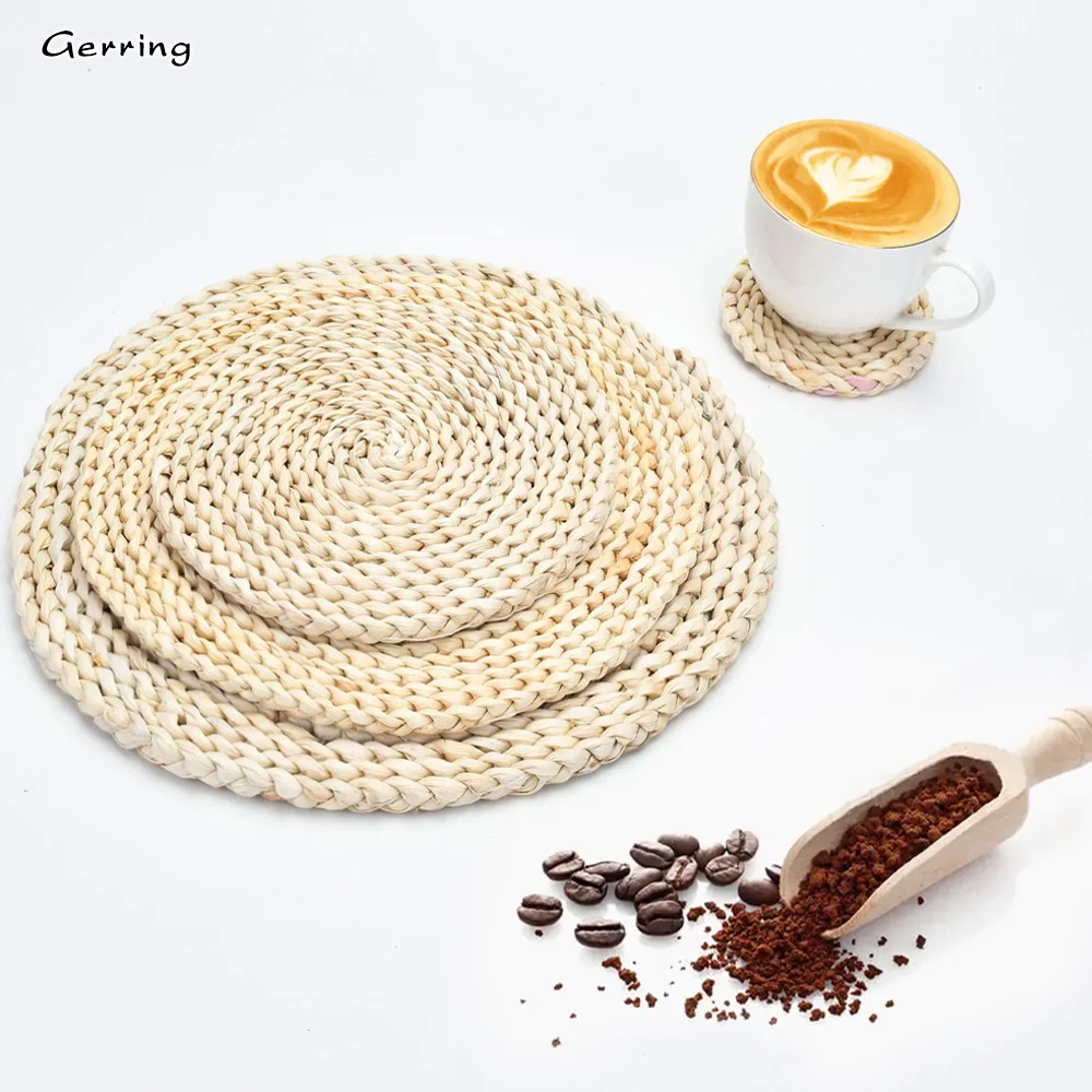 Gerring Home Hand-woven Corn Husk Placemat Natural Rattan Round Anti-scald Coaster Vintage Handmade Placemats