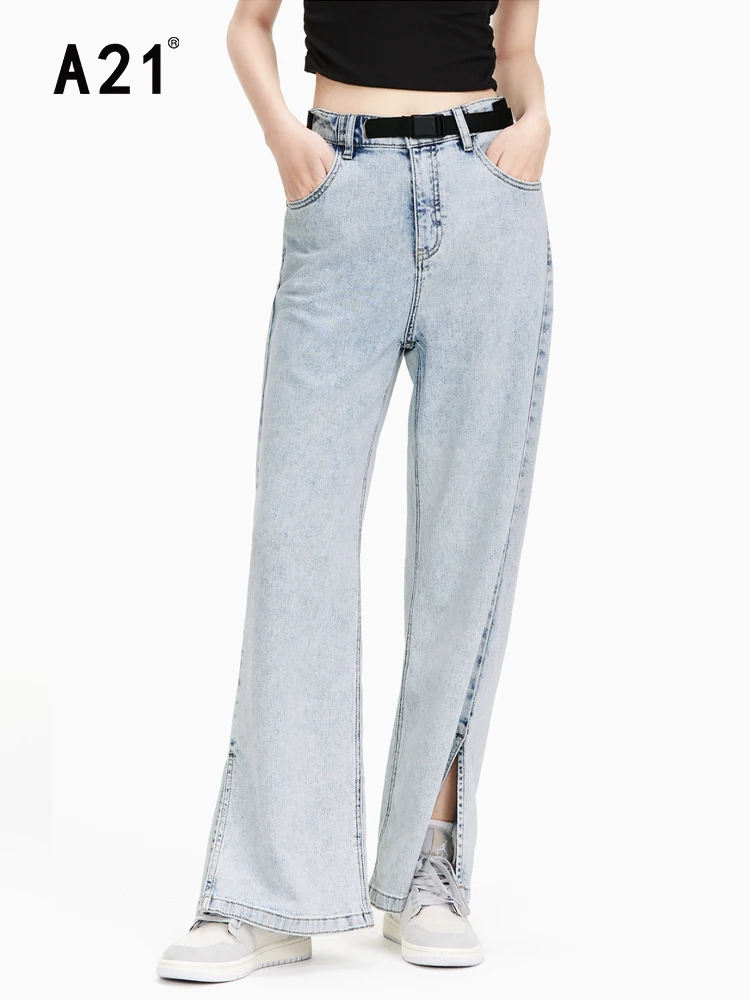A21 Women's Casual Denim Wide-leg Trousers 2022 Summer New Fashion Vintage Denim Trousers Split High Waist Slim Fit Loose Jeans