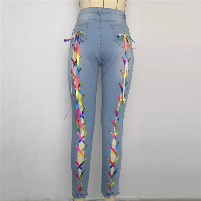 African ethnic Women Jeans Rainbow Colour Criss-cross Lace Up Hole Sheath Elastic High Waist Long Pencil Denim Pants Bandage