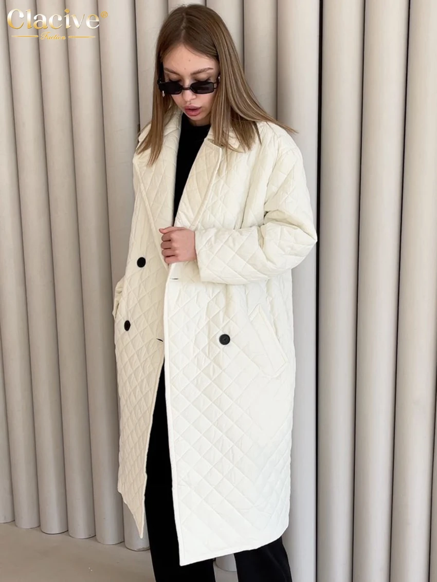 Clacive Winter Beige Coat For Women Fashion Lapel Long Sleeve Office Lady Coats Elegant Lace-Up Warm Jackets Female Clothing