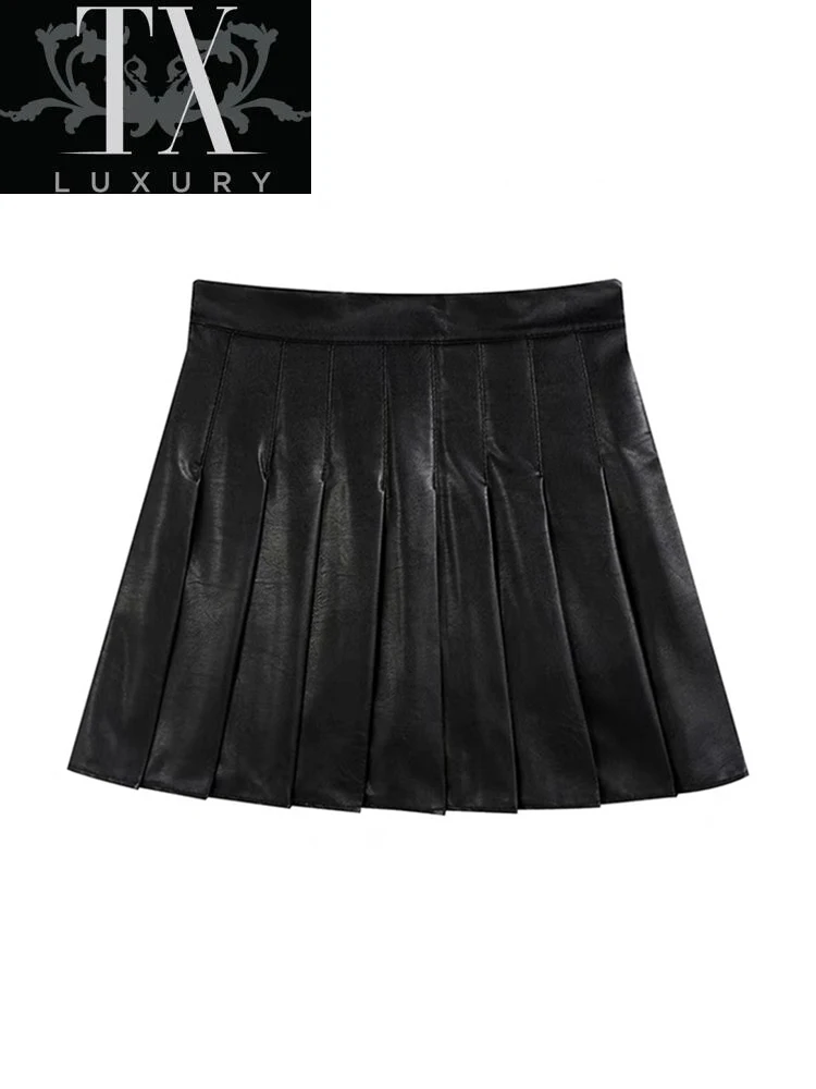 

Women Sexy Faux Leather Pleated Skirts High Waist Elastic Mini A-line Short Skirt Solid Color Fashion Vintage Slim Jupe Female