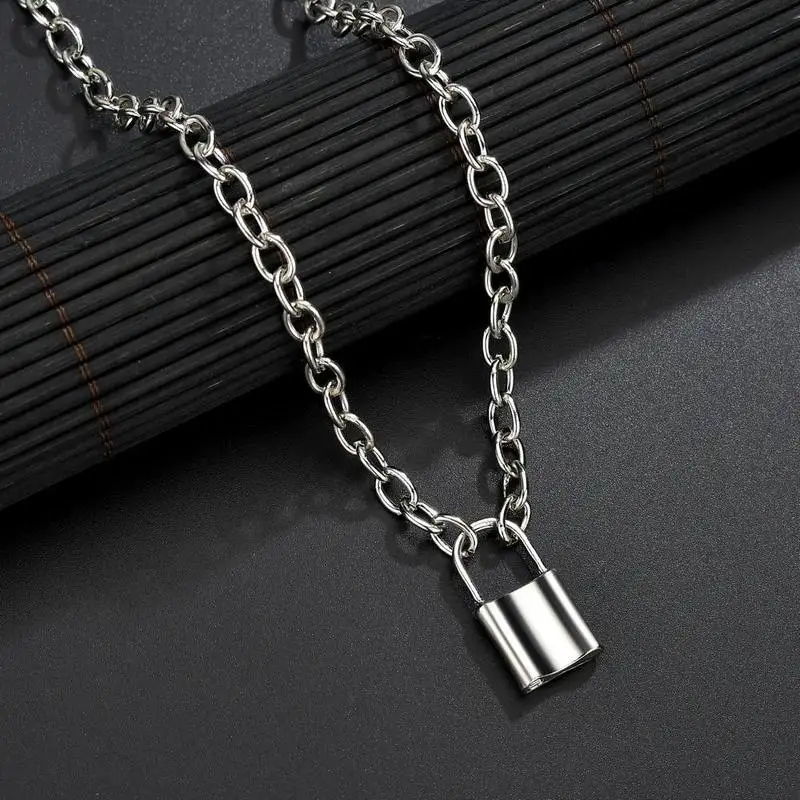 

1PC Gold/Silver Statement Gothic Fashion Jewelry Punk Chain With Lock Necklace For Women Men Padlock Pendant Necklace