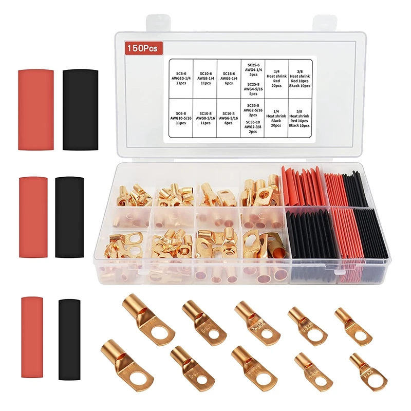 

Promotion! 150Pcs Copper Wire Lugs, 70Pcs AWG Battery Cable Lugs Ends Ring Terminals Connectors With 80Pcs Heat Shrink Tubing