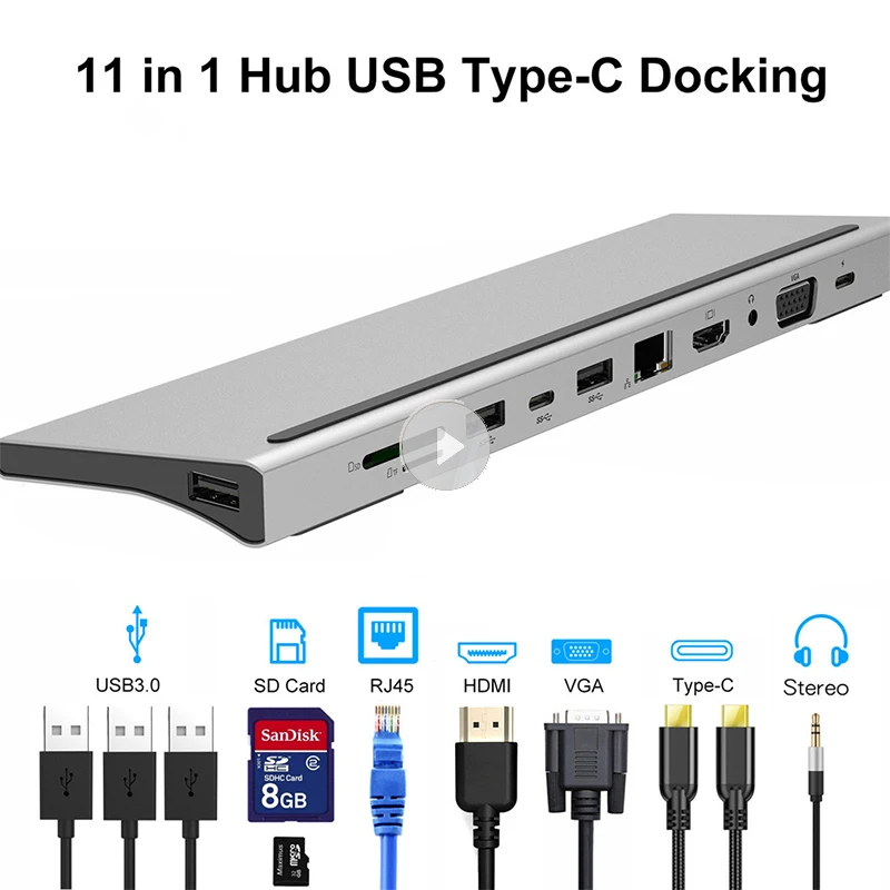 

11 in 1 USB C HUB Type C to 4K HDMI VGA 3.5mm A-udio USB-C USB3.0 RJ45 TF/SD Card Reader PD Charing Adapter for MacBook