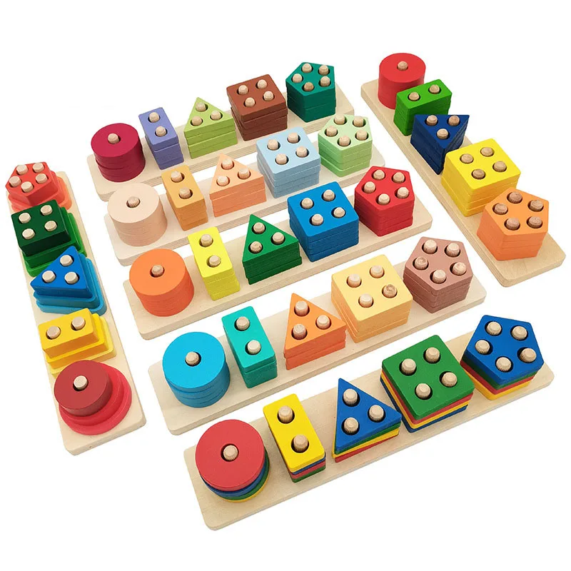 

Children's Five-post Geometric Modeling Building Blocks Montessori Toys Colorful Jigsaw Puzzle Teaching Aids Children Wooden Toy