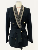 HIGH STREET Newest 2022 Stylish Designer Jacket Women's Metal Sheets Beading Belted Shawl Collar Blazer