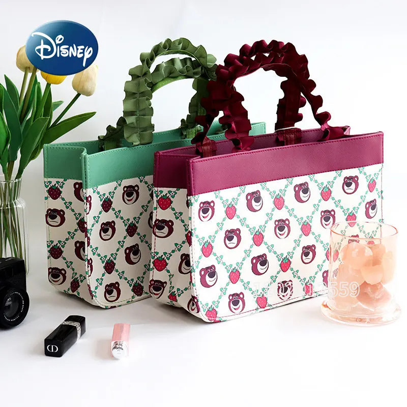 Disney Strawberry Bear Original New Women's Bag Luxury Brand Women's Handbag Cartoon Flower Pleated Handbag Large Capacity