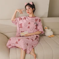 summer pijamas women cotton short sleeved nightdress cartoon thin loungewear sleep dress printed loose woman pajama maxi dresses