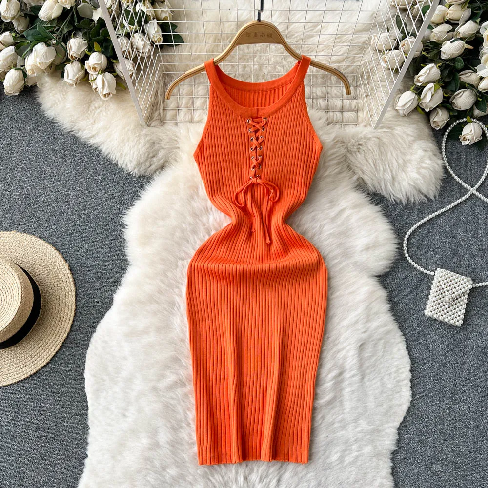 

Halter Sleeveless Bandage Hollow Elastic Knit Sheath Dress French Sexy Chic Elegant Party Vestido Women Summer Slim Women Dress