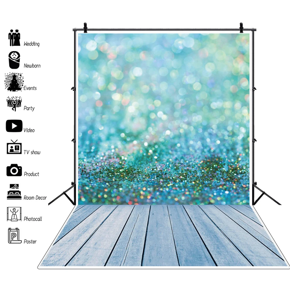 

Laeacco Turquoise Fantasy Light Bokeh Wood Board Background Baby Shower Adults Portrait Photography Backdrop For Photo Studio