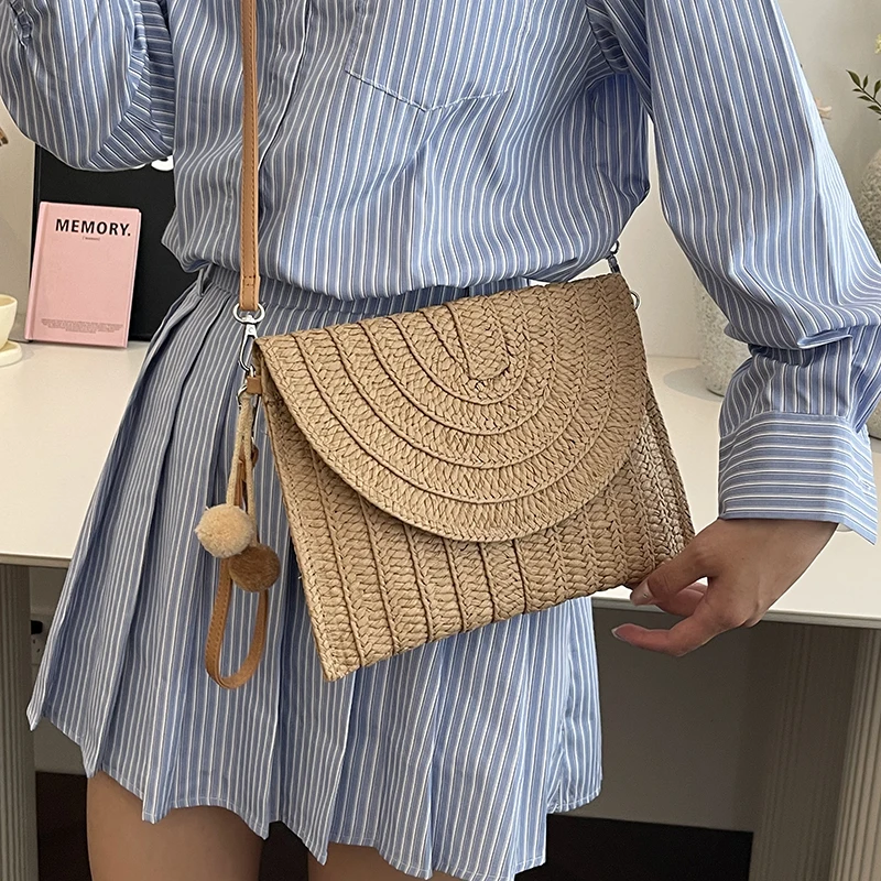 Женская Соломенная Сумка-клатч цвета хаки простая маленькая Пляжная Сумочка