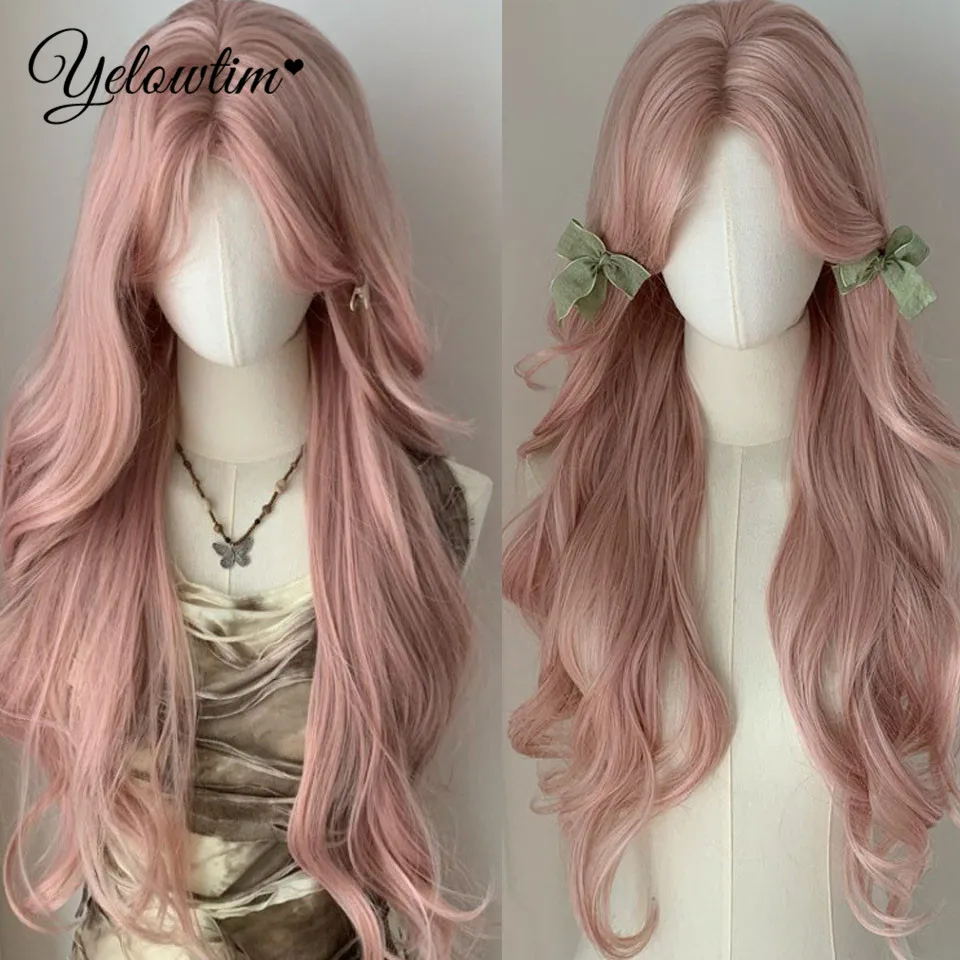 YELOWTIM Black Pink Highlight Long Wavy Synthetic Wigs With Bangs Cosplay Hairs Wig For Women Daily Natural Heat Resistant