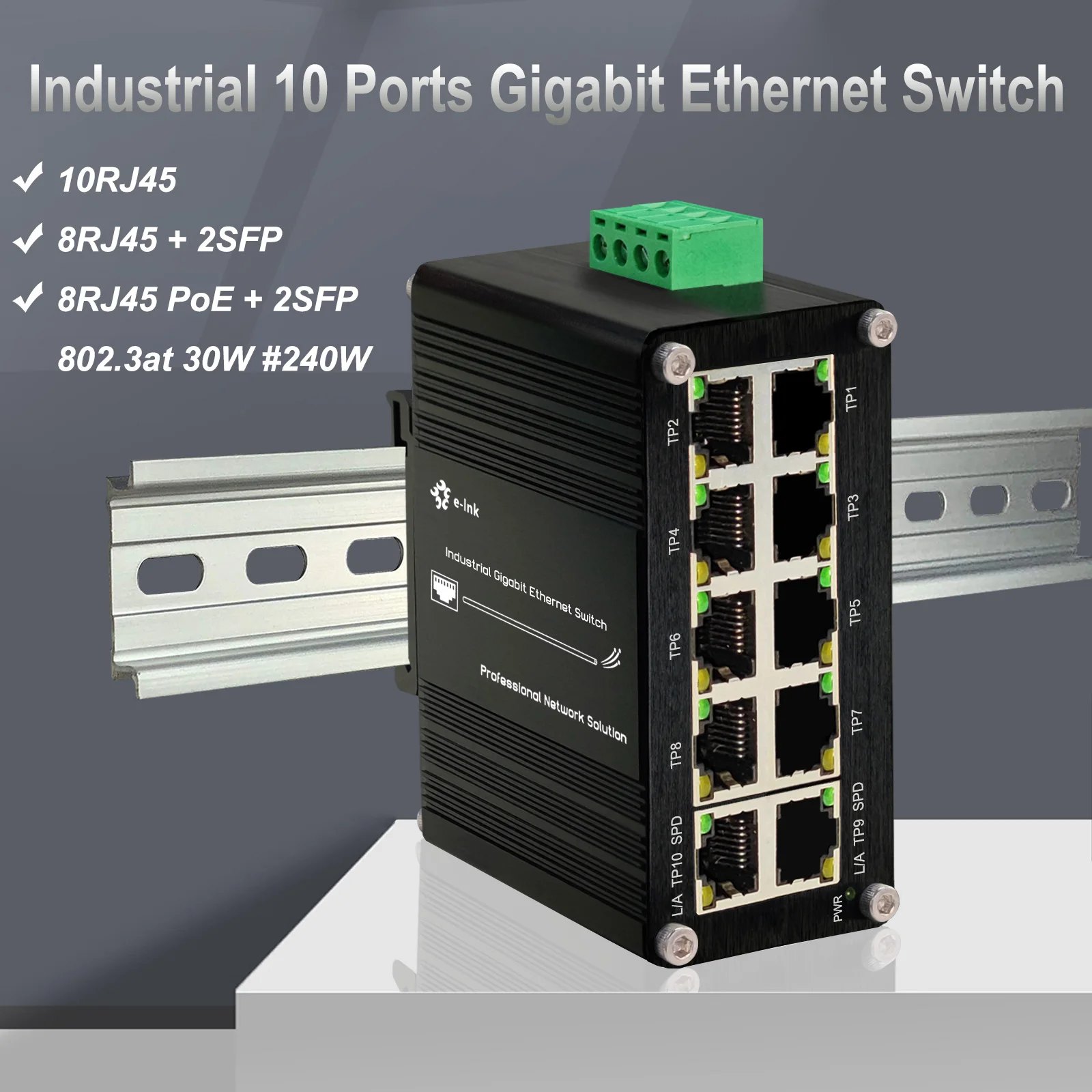 Industrial 10 Ports Gigabit Ethernet Switch (PoE) Fiber Switch Hardened RJ45 10/100/1000Mbps Din Rail Unmanaged Network Switch
