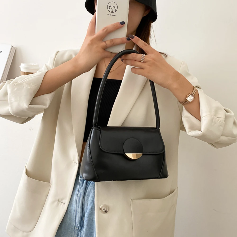 

Casual Solid PU Leather Women Handbag Totes Female Round Buckle Shoulder Bags Popular Simple Female Daily Bag
