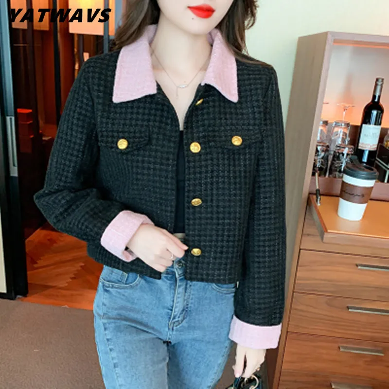 

Женское твидовое пальто с отложным воротником, черная однобортная офисная куртка в стиле пэчворк, верхняя одежда для осени и зимы