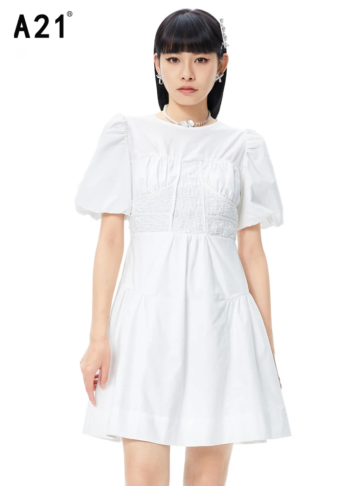 

A21 Summer 2022 Vintage Women White Solid Knee-Length Dress Casual O Neck Short Sleeve Female Cotton Patchwork Ruffles Dresses