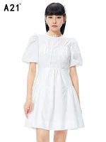 a21 summer 2022 vintage women white solid knee length dress casual o neck short sleeve female cotton patchwork ruffles dresses