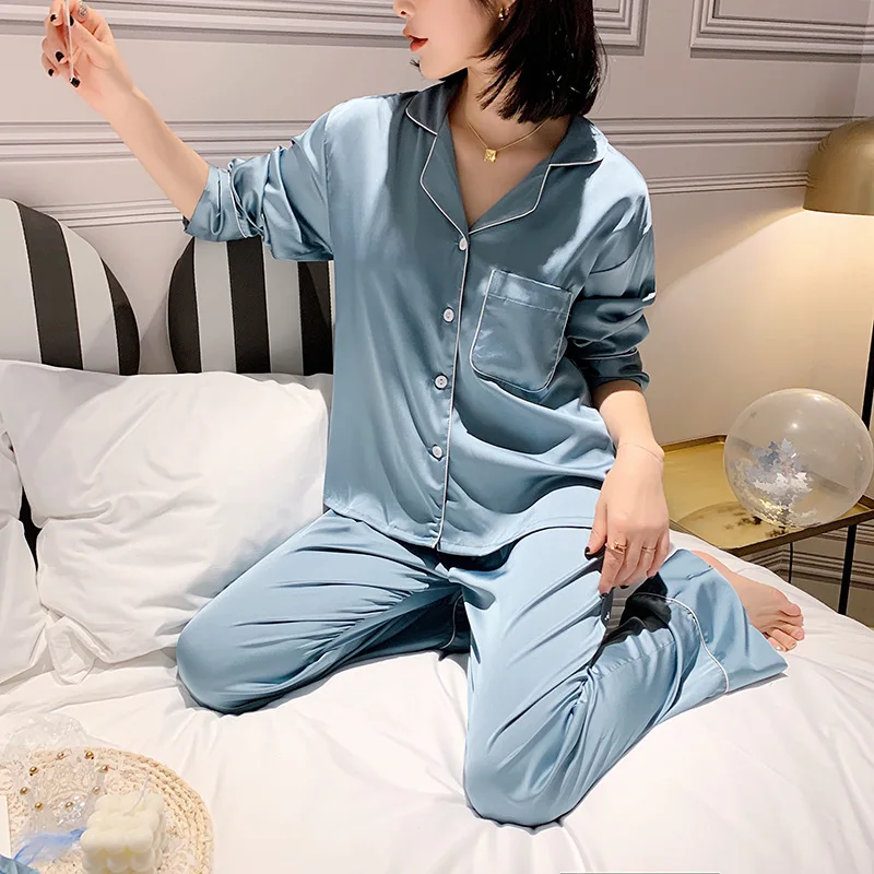 Women's Silk Pajamas Solid Single Breasted Lapel Long Sleeve Top Loose Trousers Lounge Wear Fashion Women Pajama 3-piece Sets