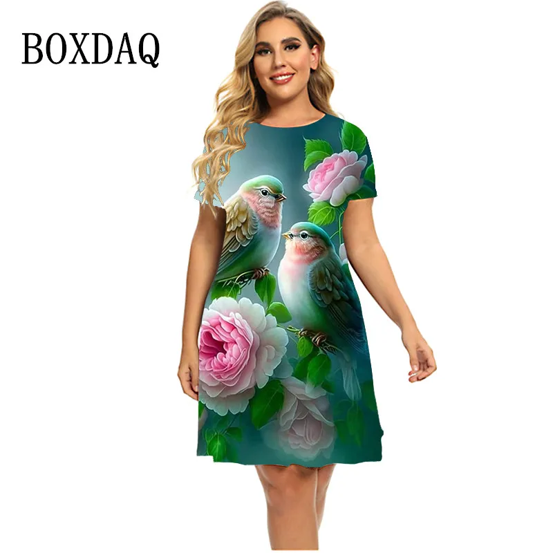 

Gradient Floral 3D Parrot Print Dress Women Green Leaf Short Sleeve Oversized Clothing Fashion Summer Casual Party Mini Dresses