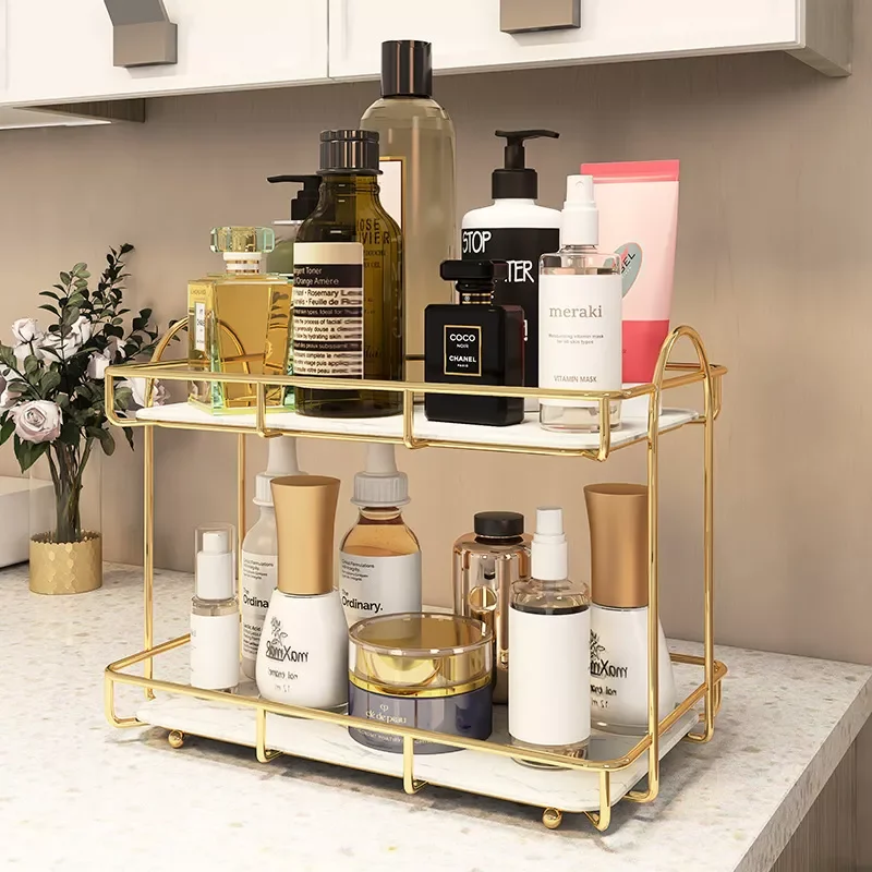 

Double Layer Makeup Organizer Bathroom Wall-mounted Cosmetic Storage Holder Lron Art Dressing Table Cosmetic Perfume Organizer
