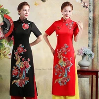 2022 woman vintage aodai vietnam traditional flower embroidery vietnam robes and pants vietnam costumes improved cheongsam dress