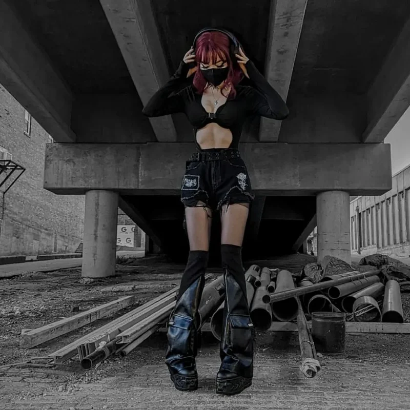 Женские вязаные кожаные гетры ReddaChic черные носки до бедра в стиле панк с