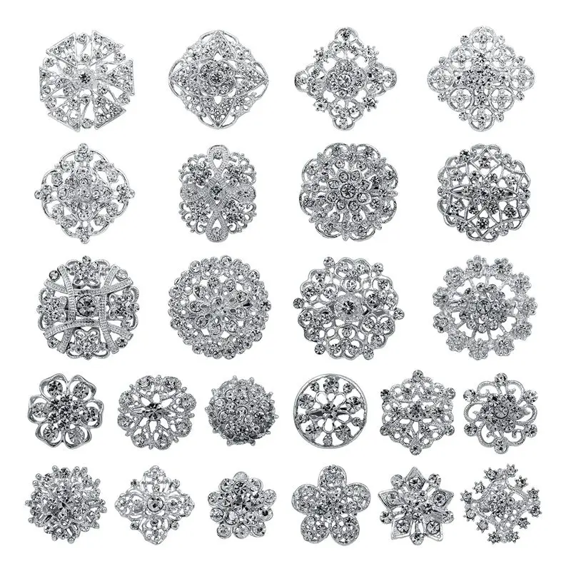 

24Pc Clear Rhinestone Crystal Flower Brooches Pins Set DIY Wedding Bouquet Broaches Kit